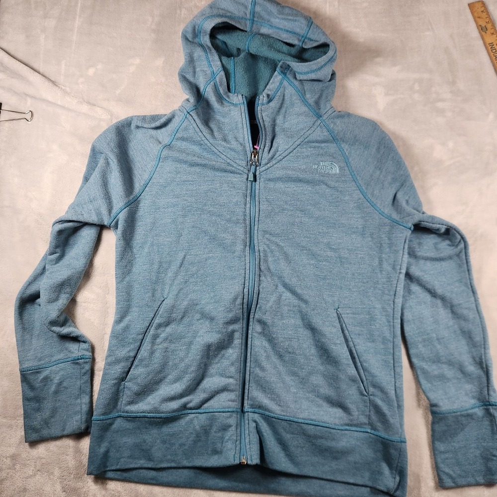 The North Face Women Green Full Zip Fleece Hoodie Jacket Pockets Logo Size L